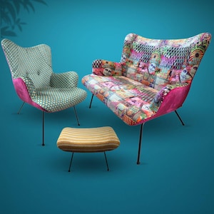 Colorful Retro Sofa Set – Velvet Armchair, Footstool & 2-Seater – Patterned Upholstery – Bold Design for Creative Interiors