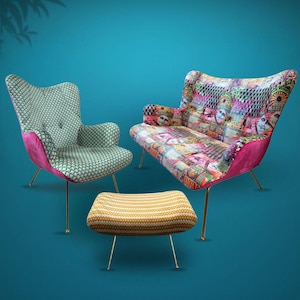 Colorful Retro Sofa Set – Velvet Armchair, Footstool & 2-Seater – Patterned Upholstery – Bold Design for Creative Interiors