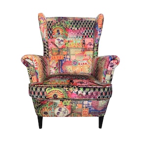 Camden fåtölj med ryggstöd, sammet, mönstrad, lila