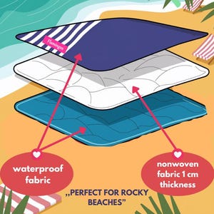 May include: A blue and white striped beach blanket with the word "Flamingo" printed on it. The blanket is made of three layers: a waterproof fabric, a nonwoven fabric, and a top layer. The text "PERFECT FOR ROCKY BEACHES" is printed below the image.