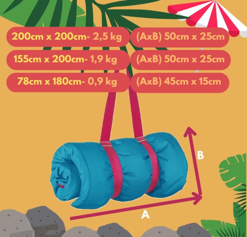 May include: A rolled-up blue sleeping pad with pink straps hanging from the ceiling. The pad is 200cm x 200cm and weighs 2.5 kg. It is also available in smaller sizes: 155cm x 200cm (1.9 kg) and 78cm x 180cm (0.9 kg).