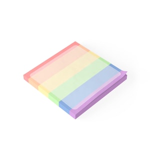 May include: A stack of rainbow colored sticky notes with a light pink, light blue, light green, yellow, and orange color scheme.