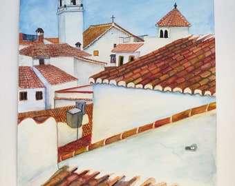 Original watercolor white town of Andalusia