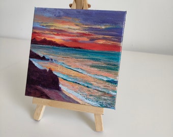 Mini peinture acrylique originale coucher de soleil en mer