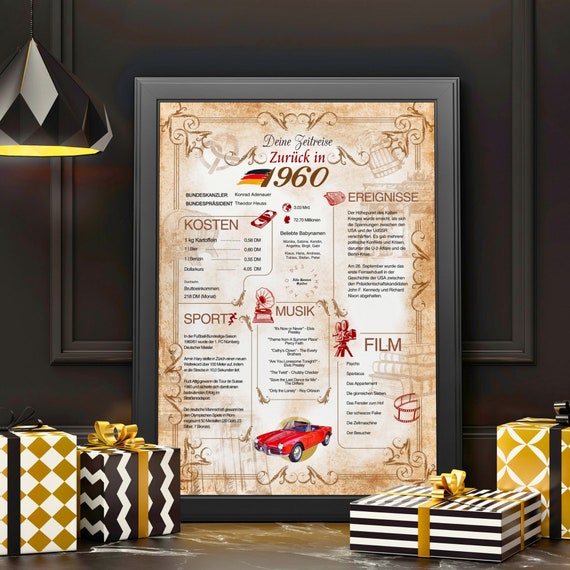 Geburtstagskarte 1960 – Vintage Zeitungsdesign, A4, 400 G/m² Papier, Personalisierbar