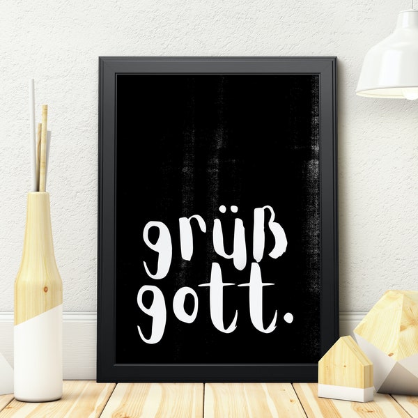 Poster "grüß gott." Spruch schwarz/weiß. | Deko Wandbilder für Eingangsbereich oder Flur | Kunst-Drucke für Wohnung.