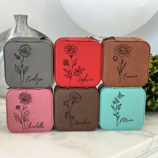 Birth Flower Jewelry Case, Leather Jewelry Travel Case,Bridesmaid Proposal Gift,Bridal Party Gift,Birth Flower Jewelry Case