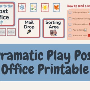 May include: A colorful printable set for dramatic play, featuring a "Welcome to the Post Office" sign, mail-themed illustrations, and instructions on how to send a letter. Includes signs for mail carrier, post master, and mail sorter.