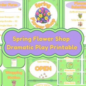 Puede incluir: Un colorido juego imprimible para una actividad de juego dramático de Spring Flower Shop. Incluye formularios de pedido, selecciones de flores y dinero de juego. El letrero principal dice "Spring Flower Shop Dramatic Play Printable."