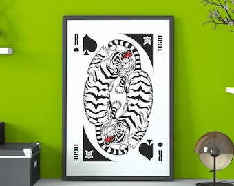 Tirage d'art Tigres blancs, impression façon carte à jouer sur le thème du Zodiaque japonais - Plusieurs options - Illustration numérique