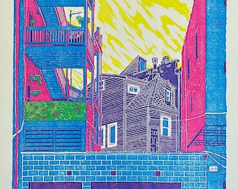 Architectural 3 Color Screenprint Wall Art Poster on 12.5x19" French Speckletone Mint Paper | "Somewhere Near Logan Square"