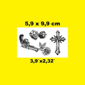 May include: Black and white tattoo design featuring a gun, a rose, a cross, and two dice. The design measures 3.9 inches by 2.32 inches and 5.9 cm by 9.9 cm.