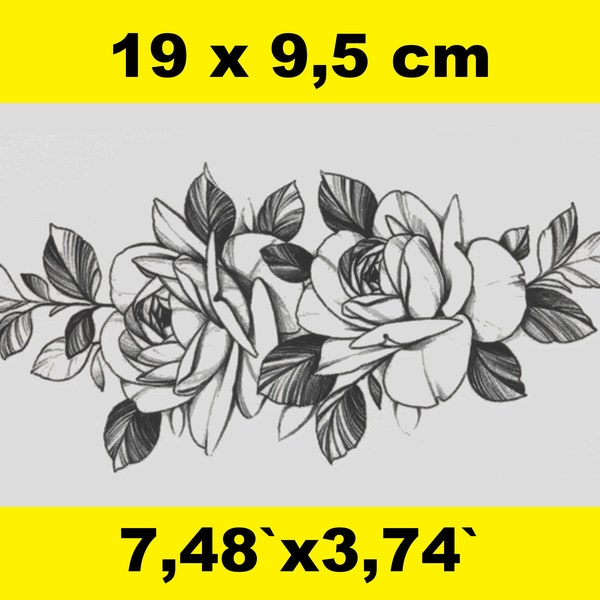 Tatouage temporaire pivoine en noir et blanc - taille tatouage porteur 19 cm x 9,5 cm - MattesDeals - tatouage éphémère - tatouage lavable