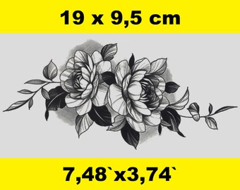 Temporary peony tattoo in black and white - size tattoo wearer 19 cm x 9.5 cm - MattesDeals - ephemeral tattoo - washable tattoo