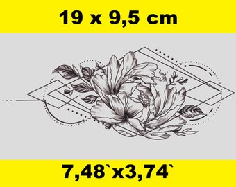 Temporary peony tattoo in black and white - size tattoo wearer 19 cm x 9.5 cm - MattesDeals - ephemeral tattoo - washable tattoo