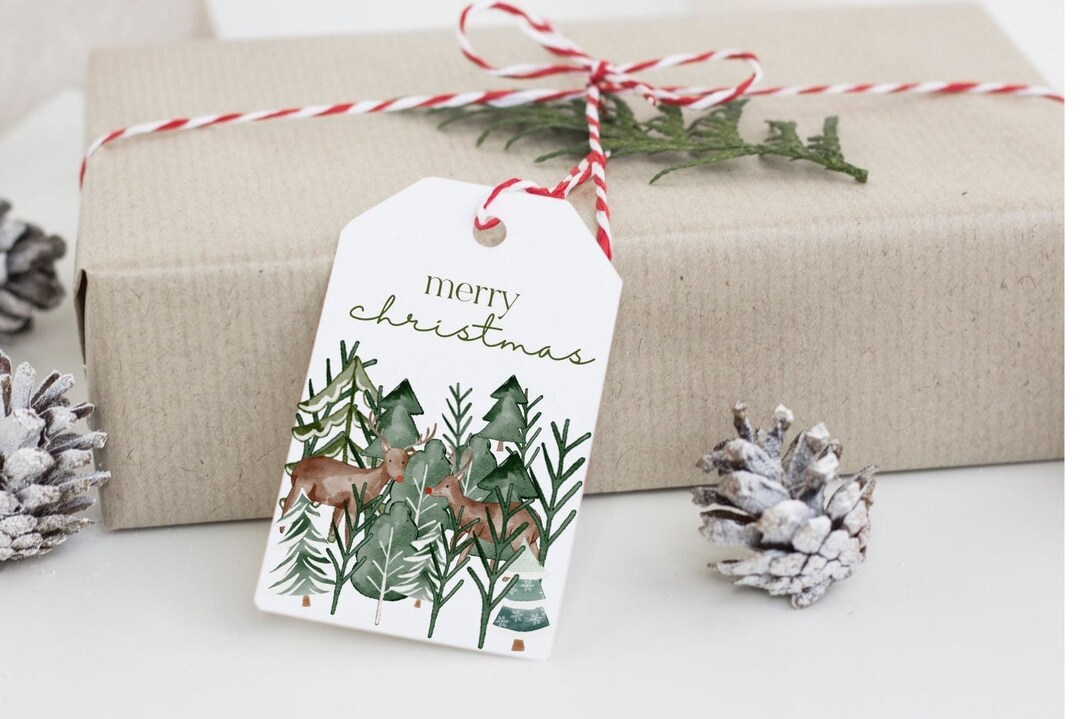 Christmas Gift Tag Merry Christmas Gift Tag Deer and Trees Etsy