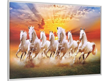 7頭の走る馬の絵 大型キャンバス壁アート、ヴァーストゥ風水装飾、7頭