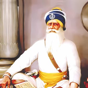 May include: A portrait of a man in traditional Sikh attire, seated and reading a book. He wears a white tunic, turban with a blue and yellow design, and a long white beard. A yellow sash is around his waist.