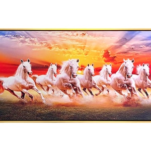 Seven Running Horse Picture, Lucky White Horse Canvas Painting, 7 Horse Wall Art Ready To Hang Framed Vastu Feng Shui Horses Print Large