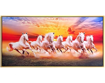 Seven Running Horse Picture, Lucky White Horse Canvas Painting, 7 Horse Wall Art Ready To Hang Framed Vastu Feng Shui Horses Print Large