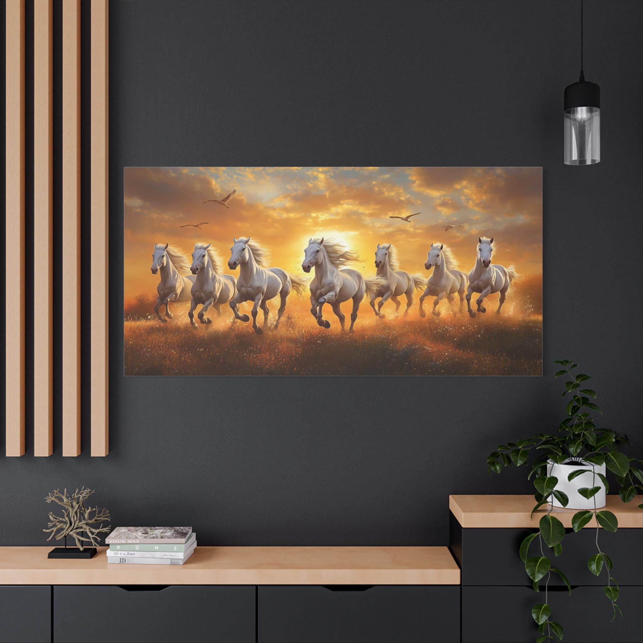7頭の走る馬の絵 大型キャンバス壁アート、ヴァーストゥ風水装飾、7頭