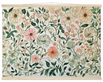 May include: A floral print wall tapestry with a cream background and a variety of pink, peach, and green flowers. The tapestry has a wood frame and is ready to hang.
