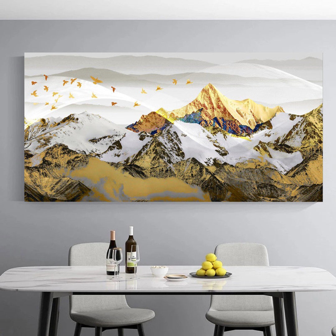 Large Living Room Rocky Mountain Picture Wallart Framed, Gold
