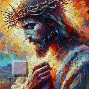 May include: A painting of Jesus Christ with a crown of thorns on his head. He is wearing a white robe and has his hands clasped together in prayer. The background is a colorful abstract design.