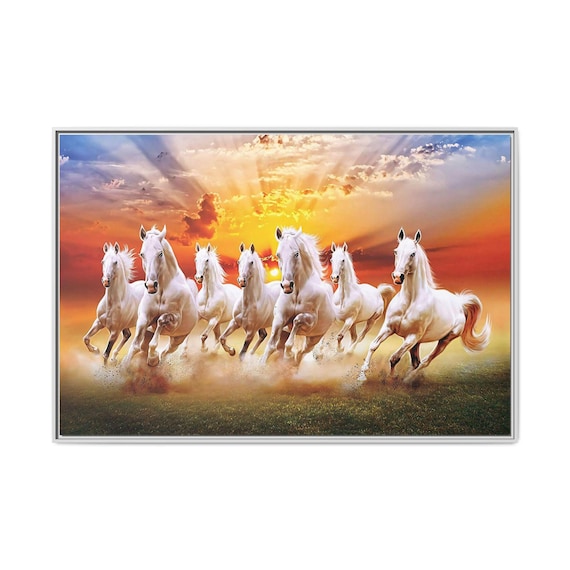 7頭の走る馬の絵、幸運の白い馬のキャンバス画、7頭の馬の壁アート