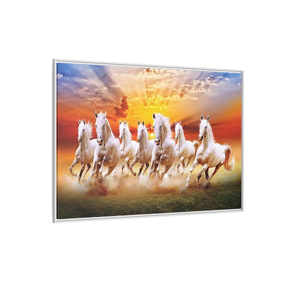 Seven Running Horse Picture, Lucky White Horse Canvas Painting, 7