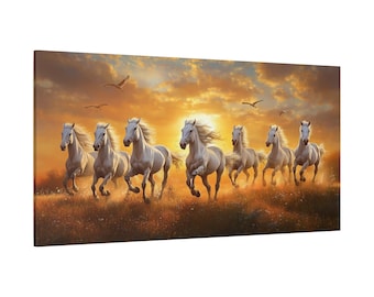 7頭の走る馬の絵 大型キャンバス壁アート、ヴァーストゥ風水装飾、7頭