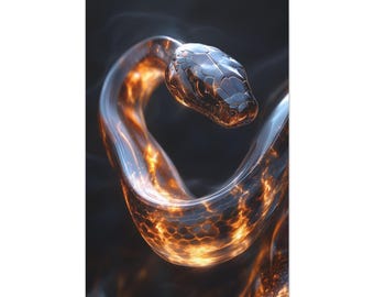 May include: A black snake with a glowing orange and yellow pattern, coiled in a circle, with its head facing the viewer.