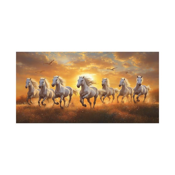 7頭の走る馬の絵 大型キャンバス壁アート、ヴァーストゥ風水装飾、7頭