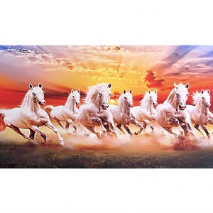 Seven Running Horse Picture, Lucky White Horse Canvas Painting, 7 Horse Wall Art Ready To Hang Framed Vastu FengShui Horses Print Large Room