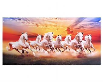 Seven Running Horse Picture, Lucky White Horse Canvas Painting, 7 Horse Wall Art Ready To Hang Framed Vastu FengShui Horses Print Large Room