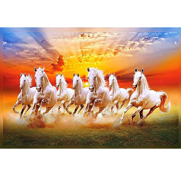 Image de sept chevaux qui courent, image de toile Vaastu cheval porte-bonheur, oeuvre d'art murale 7 chevaux prête à accrocher