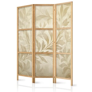 May include: A three-panel room divider with a beige and brown floral pattern. The divider is made of wood and has a natural finish.