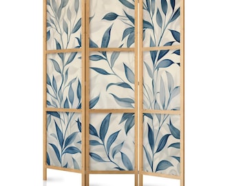 Japanischer Paravent - Leaves in Blue Colors - Delicate Botanical Motif: 135x172cm.