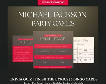 Michael Jackson-Trivia Bündel | Quiz | Bingo Karten | Fertig Die Songtexte | Party-Spiele-Bundle | Druckbare Download