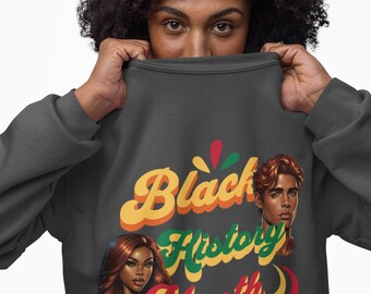 Schwarzes Sweatshirt mit Rundhalsausschnitt | Retro-Schrift, Porträtakzente