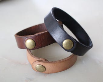 Handmade THICK full-grain leather wrist band with antique brass snap