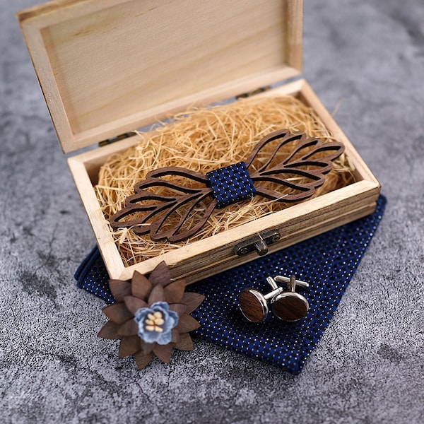 Nœud papillon en bois sculpté, boutons de manchette, pochette de costume et boutonnière  - Nœud papillon en bois mariage, coffret cadeau