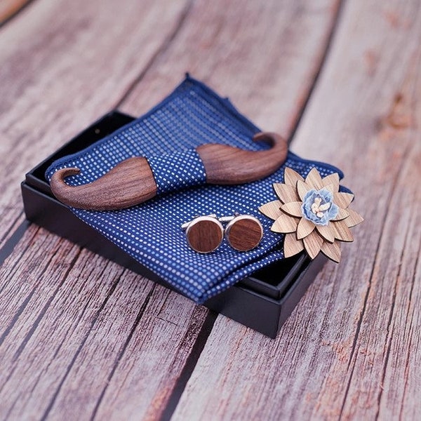 Wooden bow tie, with its box of cufflinks, a suit pocket and a buttonhole - Wedding and gift