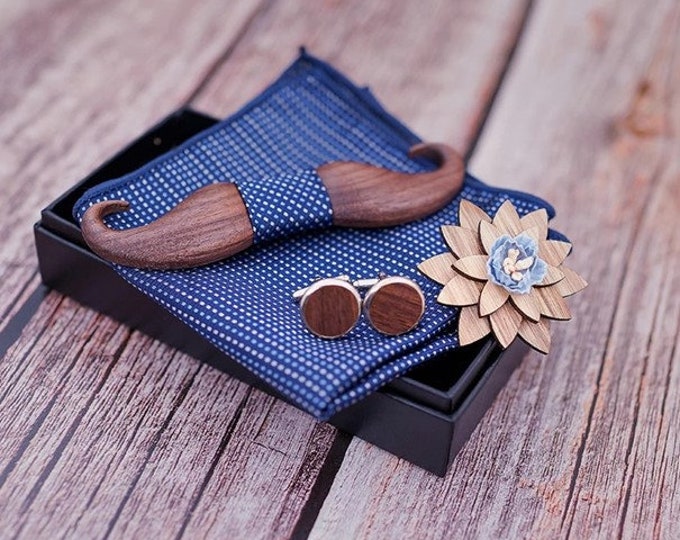Wooden bow tie, with its box of cufflinks, a suit pocket and a buttonhole - Wedding and gift
