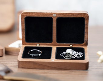 Rectangular wooden box personalized for wedding ring, laser engraving. Bohemian, chic, bride, groom, wedding, engagement