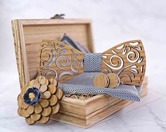 Wooden bow tie, with its box of cufflinks, a suit pocket and a buttonhole - Wedding and gift