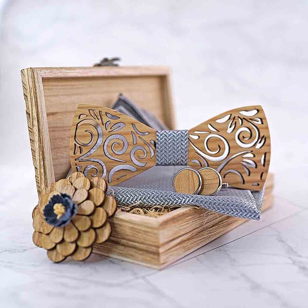 Nœud papillon en bois, avec son coffret composé de boutons de manchette, d'une pochette de costume et d'une boutonnière - Mariage et cadeau