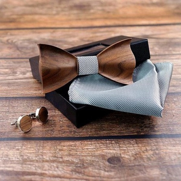 Nœud papillon en bois, avec son coffret composé de boutons de manchette, d'une pochette de costume - Mariage et cadeau