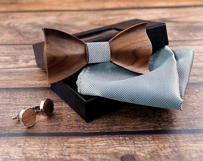 Wooden bow tie, with its box of cufflinks and a suit pocket - Wedding and gift - Bowtie - Wooden bowtie - wood bow tie gift - bow tie box