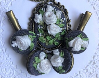 Silk Ribbon Embroidery jewelry, White roses, Jewelry set, ribbon embroidery, pure silk ribbon, stitched, flowers jewelry, handmade, Jewelry